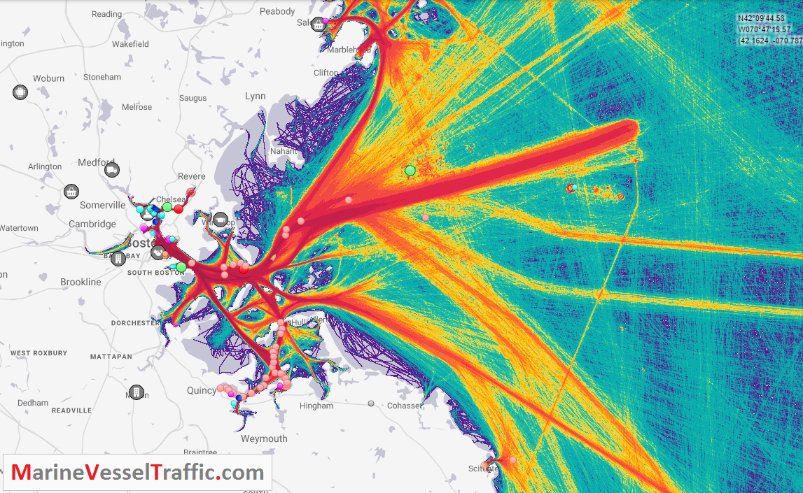 Live Marine Traffic, Density Map and Current Position of ships in MASSACHUSETTS BAY